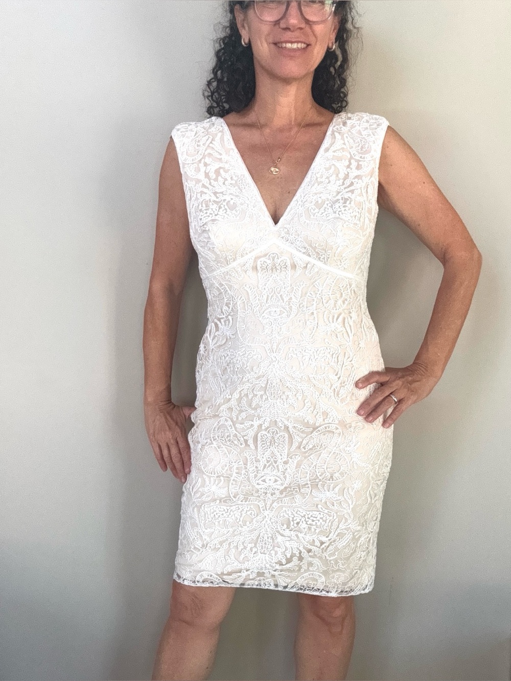 Tadashi Shoji Hortense Lace Beaded Sleeveless knee Lemgth Dress in ivory sz 6